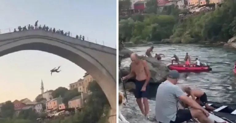 VIDEO Strani turista izveo rizični skok sa Starog mosta. Mostarci ga izudarali