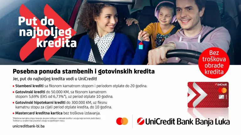 Put do najboljeg kredita vodi u UniCredit: gotovinski i stambeni krediti uz fiksnu kamatnu stopu i bez troškova obrade, uz Mastercard kreditnu karticu bez troškova izdavanja