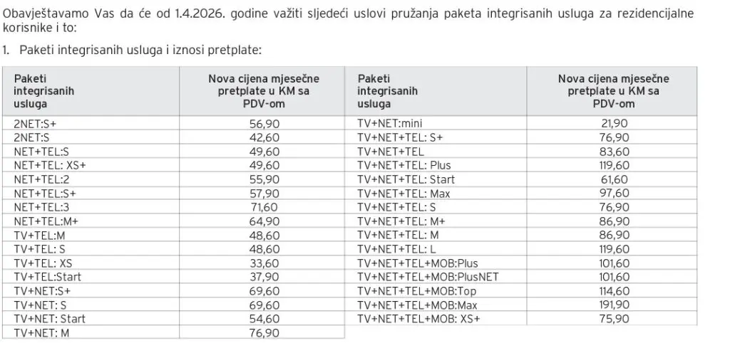 Tabela sa novim cijenama paketa za m:tel poskupljenje 2026