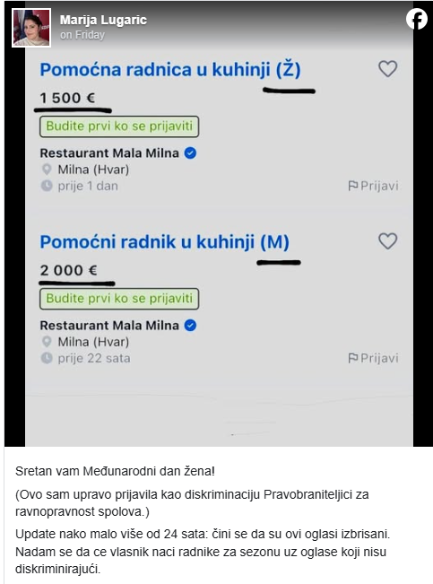 diskriminacija plata restoran na Hvaru Marija Lugarić.