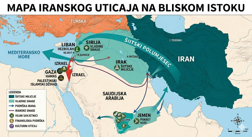 Grafički prikaz iranskog strateškog uticaja na Bliskom istoku (tzv. Šiitski polumjesec)