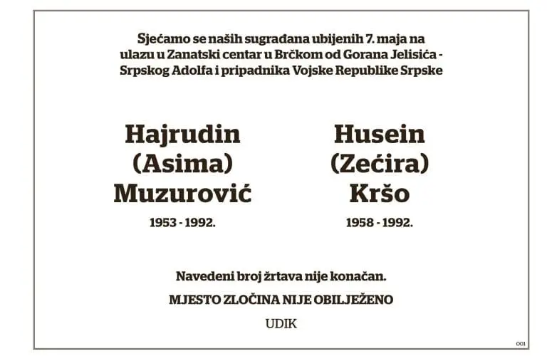 Obilježeno mjesto ubistva Huseina Krše i Hajrudina Muzurovića u Zanatskom centru u Brčkom